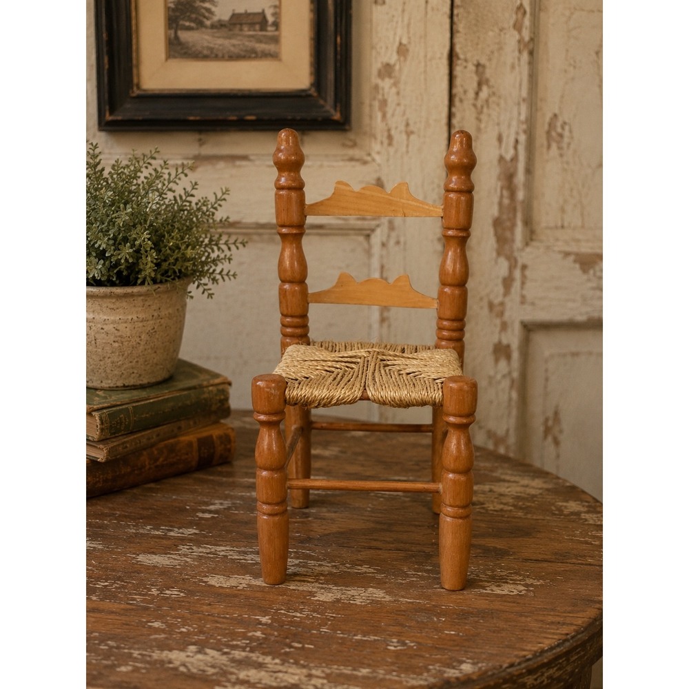 Vintage Miniature Ladderback Chair Woven Rush Seat Wood Doll Furniture 12 inch